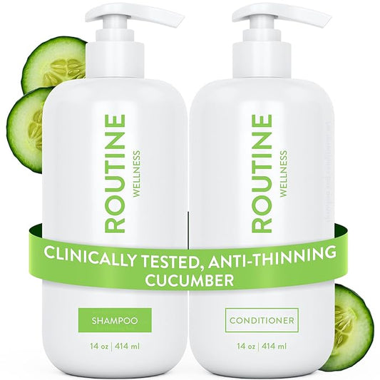 Routine Wellness Anti-Thinning Shampoo and Conditioner Set for Thinning Hair - Biotin DHT Blocker Women & Men - Color Safe Shampoo for Hair Loss & Healthier Hair - Cucumber (Pack of 2)-Velvo Beauty