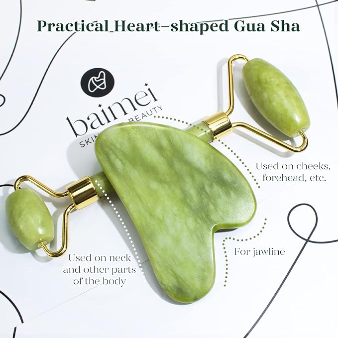 BAIMEI IcyMe Gua Sha & Jade Roller Facial Tools Face Roller and Gua Sha Set for Puffiness and Redness Reducing Skin Care Routine, Self Care Gift for Men Women - Green-Velvo Beauty