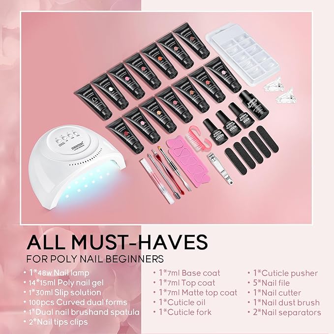 JEWHITENY 14 Colors Poly Extension Gel Nail Kit With U V Lamp Nude Pink White Brown All In One Poly Gel Starter Kit With Base Top Coat Manicure Salon Frence Nail Art DIY-Velvo Beauty