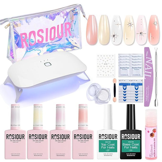 Jelly Gel Nail Polish Kit with U V Light, Hema-Free Milky Jelly White Pink Nude Orange Gel Polish Set with Base & Top Coat Chrome Nail Powder, 4 Colors Mini Salon Nail Art Starter Gift for Women Girl-Velvo Beauty