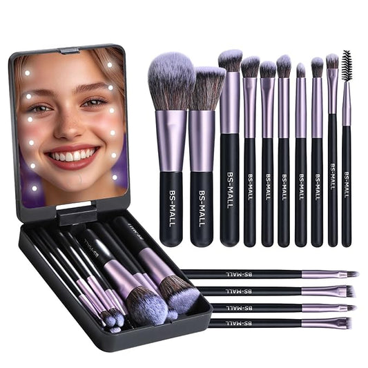 BS-MALL Travel Makeup Brush Set Foundation Powder Concealers Eye Shadows Makeup Set with LED light Mirror 14 Pcs (Purple)-Velvo Beauty
