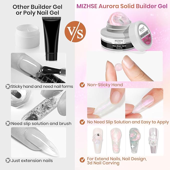 MIZHSE Solid Builder Gel for Nails, Mermaid Pearl 1oz Hard Gel Builder Non Sticky Nail Extension Gels Long Lasting Modeling Sculpture Nail Salon Art Home Use-Velvo Beauty