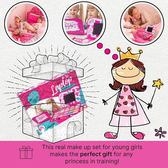 My First Makeup Set for Young Girls I Kids Makeup Kit for Little Girls I Foldable Makeup Palette with Makeup Mirror I Pink Set Makeup for Kids Vanity I Washable Laptop Design Toddler Makeup Kit Gift-Velvo Beauty