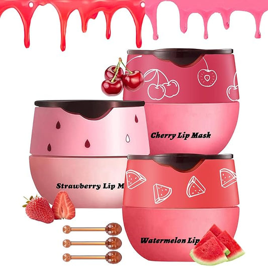 3PCS Bee Lip Balm Honey Pot, Exfoliating Strawberry Cherry Watermelon Bee Lip Balm Sleeping Lip Mask Overnight with Sticks, Honey Pot Lip Balm Prevention Dry Hydrating and Crack Lip Scrubs-Velvo Beauty