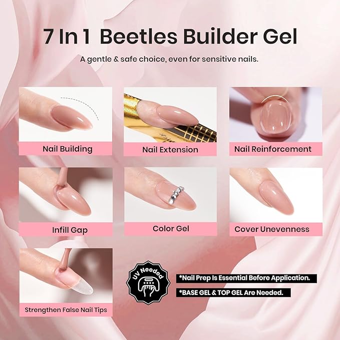 Beetles Builder Gel for Nails, 7 in 1 Nude Brown Colored Strengthener Gel in a Bottle for Nail Extension Nail Apex Building UV LED Lamp Cured DIY at Home Beauty Gift Sets for Women,Base Coat Need-Velvo Beauty