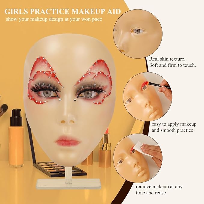 Makeup Practice Face, Eye Makeup Practice Head Silicone, Makeup Practice Accessories Set with Face Painting Mannequin Head, Makeup Brushes, Face Painting and Eyebrow Pen, Makeup Practice Gift, Yellow-Velvo Beauty