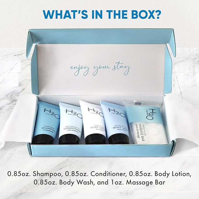 H2O Therapy Amenity Kit | Boxed Hotel Toiletries | Bulk Set 0.85 oz Travel Size Shampoo, Conditioner, Lotion, Body Wash & Body Bar Soap for Guest Hospitality AirBnB/Vacation Rentals | 1 set per case-Velvo Beauty