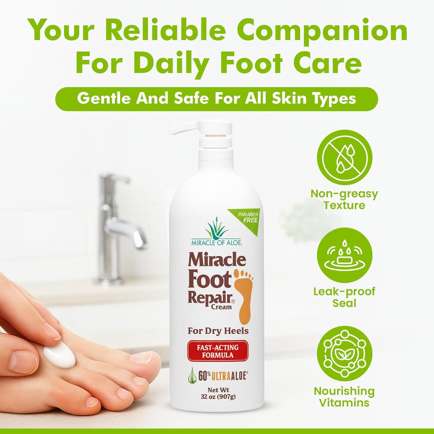 Miracle Foot Repair Cream (32 oz) Repairs Dry Cracked Heels and Feet, 60% Pure UltraAloe Moisturizes, Softens, and Repairs-Velvo Beauty