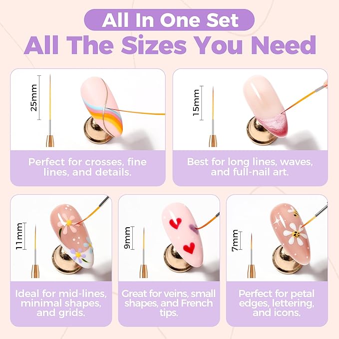UNA GELLA Nail Art Pens Metallic, Liner Brushes Set For Nail Art Gel Polish, 5Pcs Purple Color, Detail Nail Art Design Painting Brush Set For Nails Gel Fine Drawing Nail Tools, Sizes 7/9/11/15/25mm-Velvo Beauty