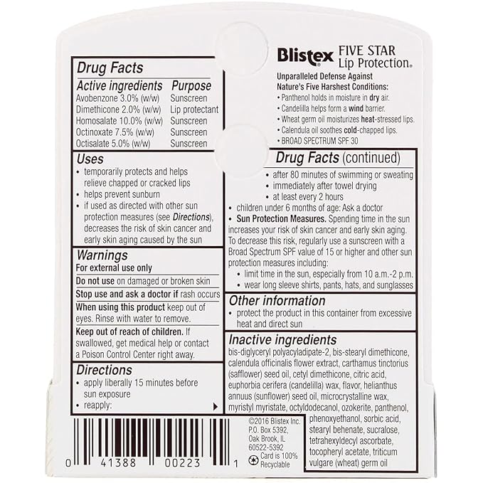 Blistex Five Star Lip Protection SPF 30 0.15 oz Pack of 5-Velvo Beauty