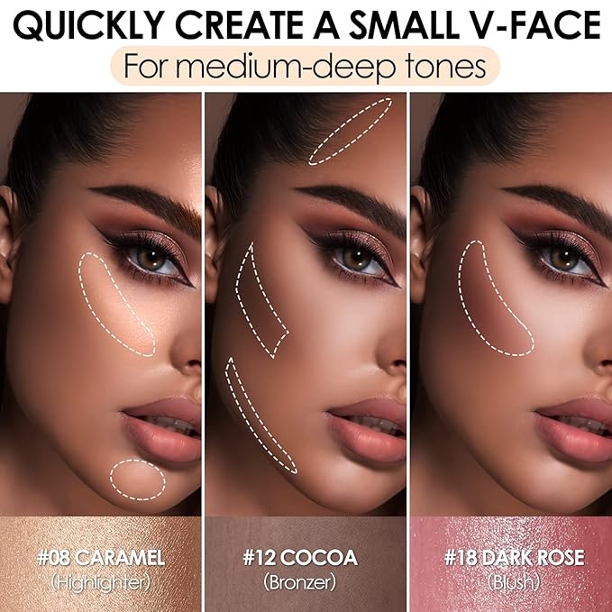 FOCALLURE 3 Pcs Cream Contour Sticks,Shades with Highlighter & Bronzer & Blush,Non-greasy Long-wear Face Contouring Pen,Easy to Sculpt the Face and Create a Lightweight Finishing Makeup,MEDIUM-DEEP-Velvo Beauty
