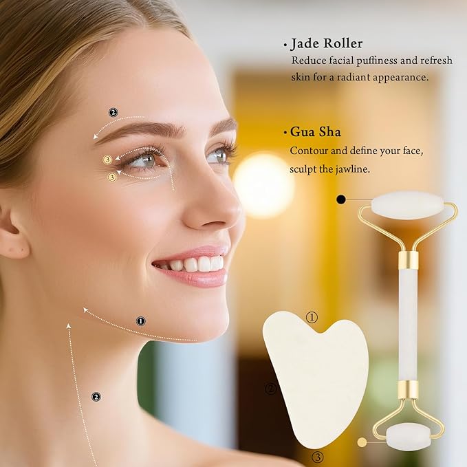 Real Perfection Gua Sha Facial Tools Face Roller for Wrinkles Jade Roller and Gua Sha Set, Scrubber Pore Brush Headband Skin Care Tools for Travel Skincare Routine Massaging Reducing Puffiness - White-Velvo Beauty