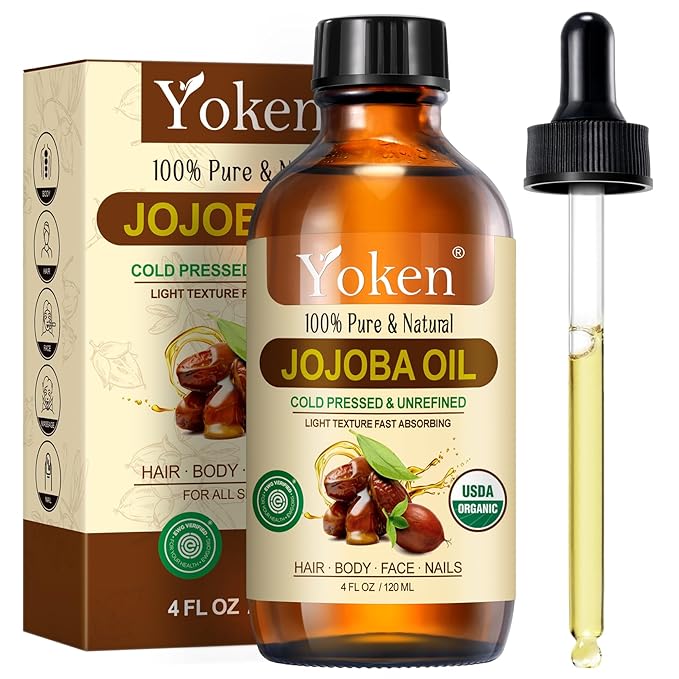 Yoken Jojoba Oil 4 fl oz EWG Verified 100% Pure Jojoba Oil Cold Pressed for Skin, Hair, Nails, Cuticles - Unrefined & Hexane Free, Natural Moisturizer Carrier oils Facial Serum for Gua Sha-Velvo Beauty