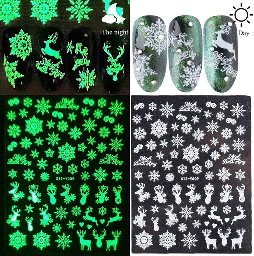9 Sheets Christmas Glow in The Dark Nail Art Stickers Decals Self-Adhesive Pegatinas Uñas Navidad Winter Holiday Xmas Snowflake Nail Supplies Nail Art Design Decoration Accessories-Velvo Beauty