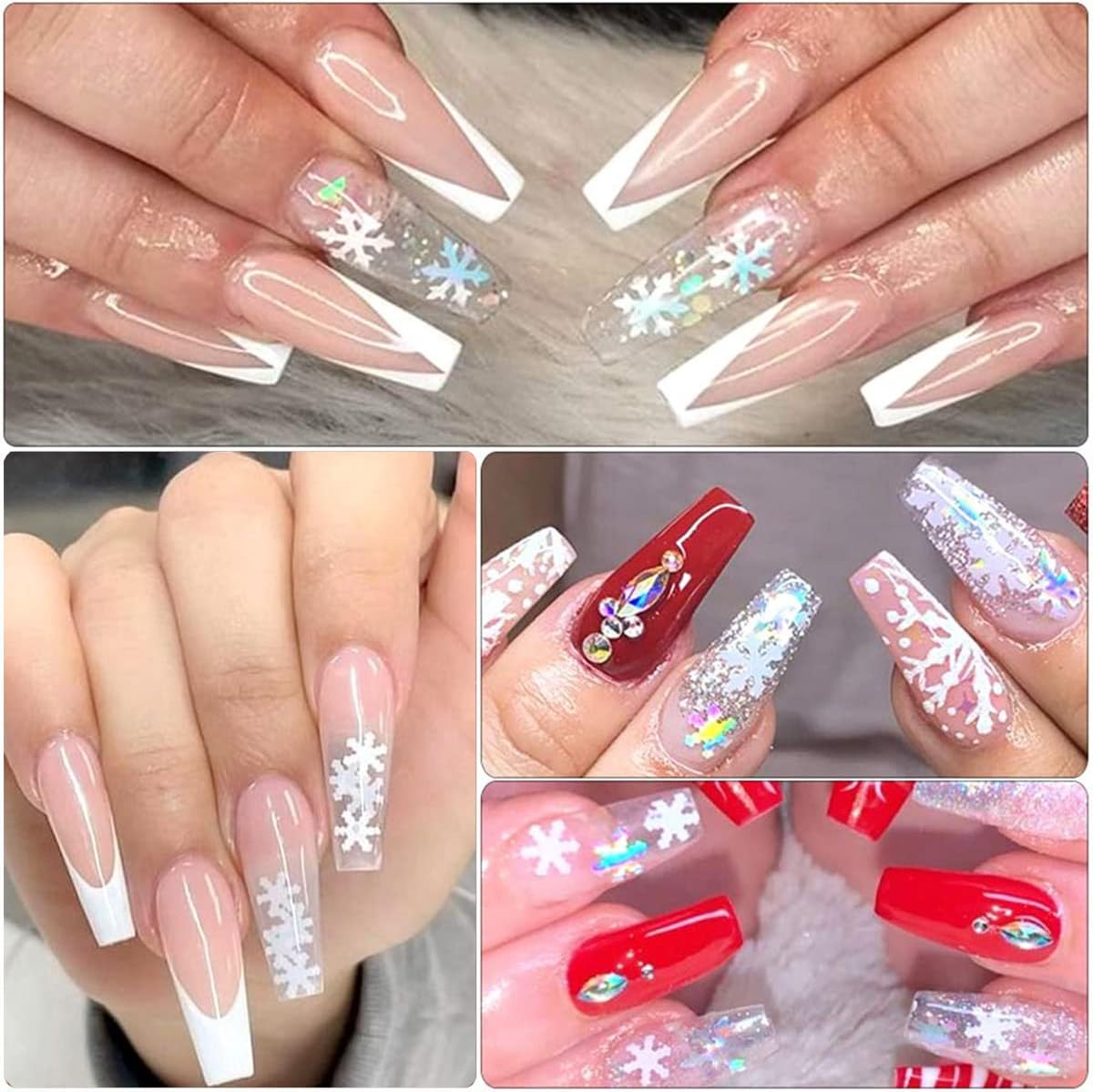 6 Grids Snowflake Nail Art Stickers Decals 3D Glitter Sequins Holographic Laser White Gold Silver Christmas Nail Art Flakes Winter Xmas Snow Glitter-Velvo Beauty