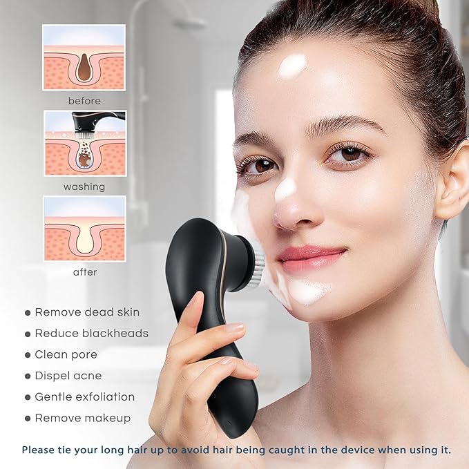 Facial Cleansing Brush, Electric Face Scrubber Rechargeable Exfoliator IPX-7 Waterproof Rotating Cleanser for Exfoliating, Massaging and Deep Cleansing for Women & Men with 4 Brush Heads Black-Velvo Beauty