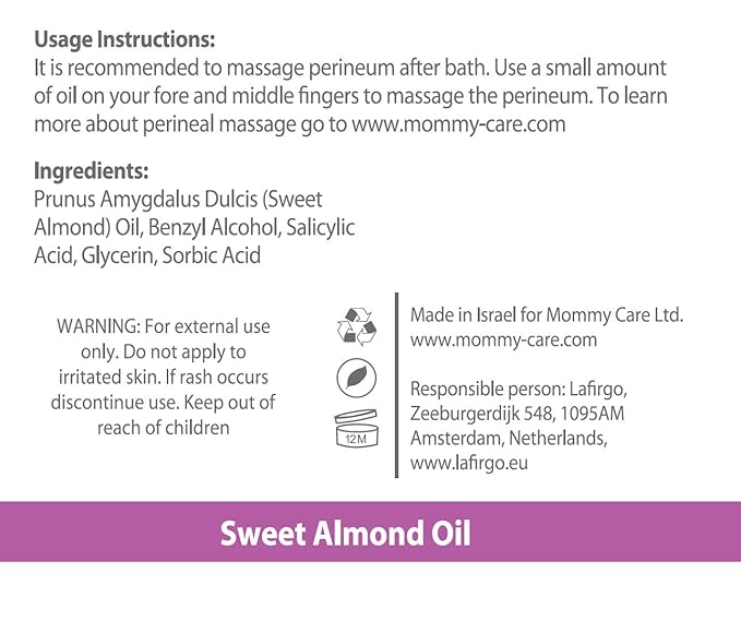 Mommy Care Perineal Massage Oil Labor Preparation, Flexible Perineal Massage Oil, Sweet Almond Oil For Pregnancy and Postpartum Recovery 100ml/3.38 fl.oz Certified Organic All Natural-Velvo Beauty