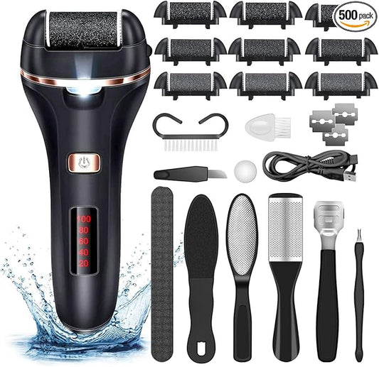 Electric Callus Remover for Feet,Rechargeable Foot File Hard Skin Remover,Waterproof 14 in1 Professional Pedicure Kit for Cracked Heels &Dead Skin,with 9 Roller Heads 2 Speed-Velvo Beauty