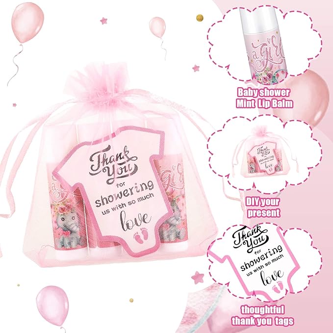 Demissle 50 Pcs Baby Shower Lip Balm Gift Set with 100 Pcs Organza Bags Baby Shower Party Favor for Guest Thank You Tag Rope Baby Shower Party Decoration Gender Reveal Souvenirs(Elephant)-Velvo Beauty