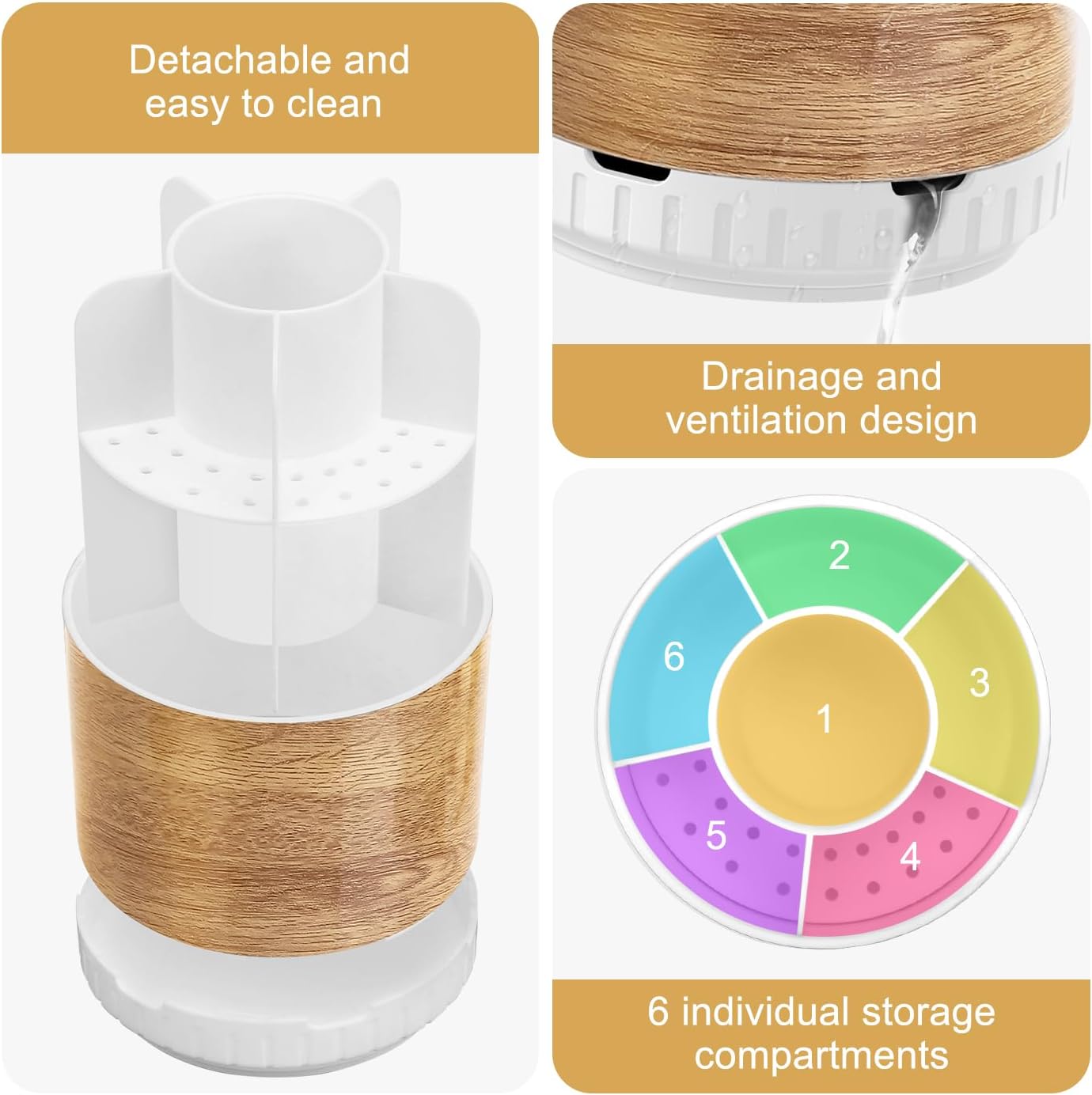 Wood Toothbrush Holders Organizers - Rotating Detachable 6 Slots Electric Toothbrush and Toothpaste Holde for Bathroom Accessories Organization Counter Vanity Sink Storage-Velvo Beauty