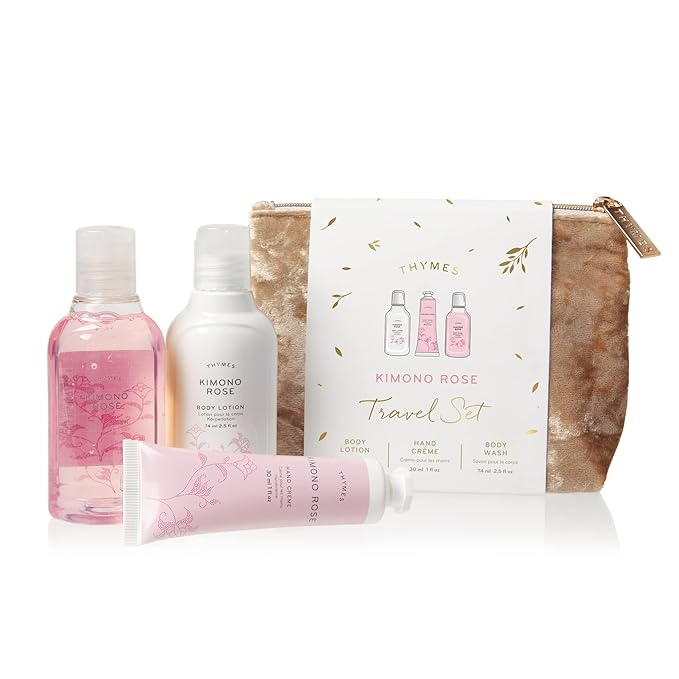 Thymes Travel Set and Beauty Bag - Contains Body Wash, Body Lotion & Hand Cream - Kimono Rose-Velvo Beauty