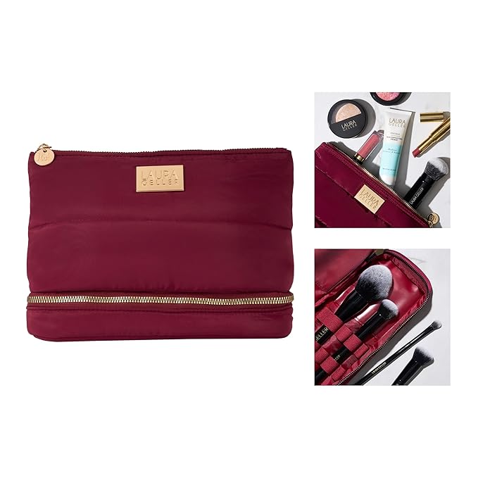 LAURA GELLER NEW YORK Quilted Makeup Bag with Brush Case, Burgundy - Toiletry Bag Organizer for Travel - Large Capacity Full Size Makeup Bag - Easy to Clean-Velvo Beauty