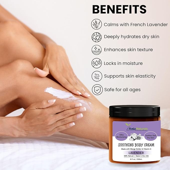 RaGaNaturals Natural Face and Body Butter Cream for Dry Skin - Calming, Nourishing & Hydrating Lavender Body Cream for Women, Men & Kids - Softens Skin and Delivers Healthy-Looking Glow - Vegan - 8 Oz-Velvo Beauty