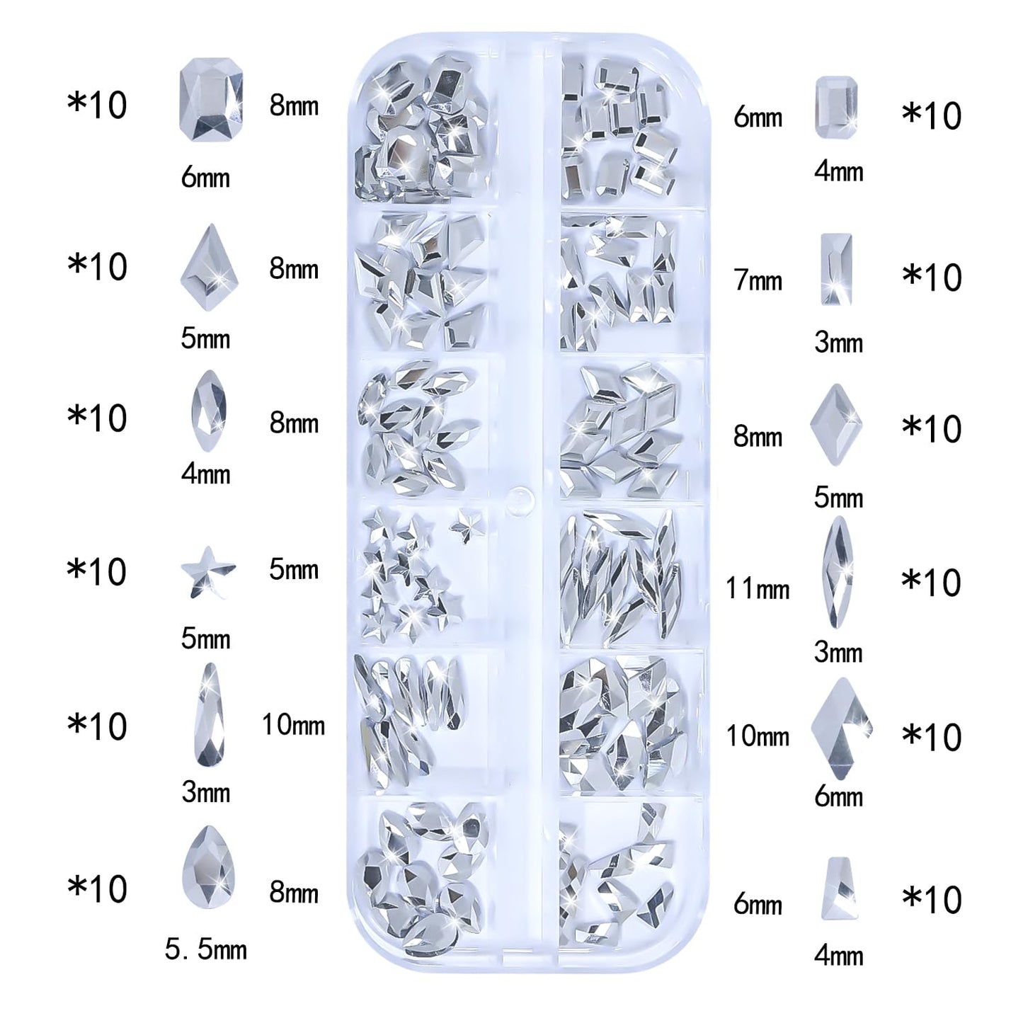 HNUIX Nail Rhinestones - 3D Multi Shape Size, Silver Nail Gems and Charms, Flat Back Crystal, with Kit, for Nail Art, DIY Decorations-Velvo Beauty