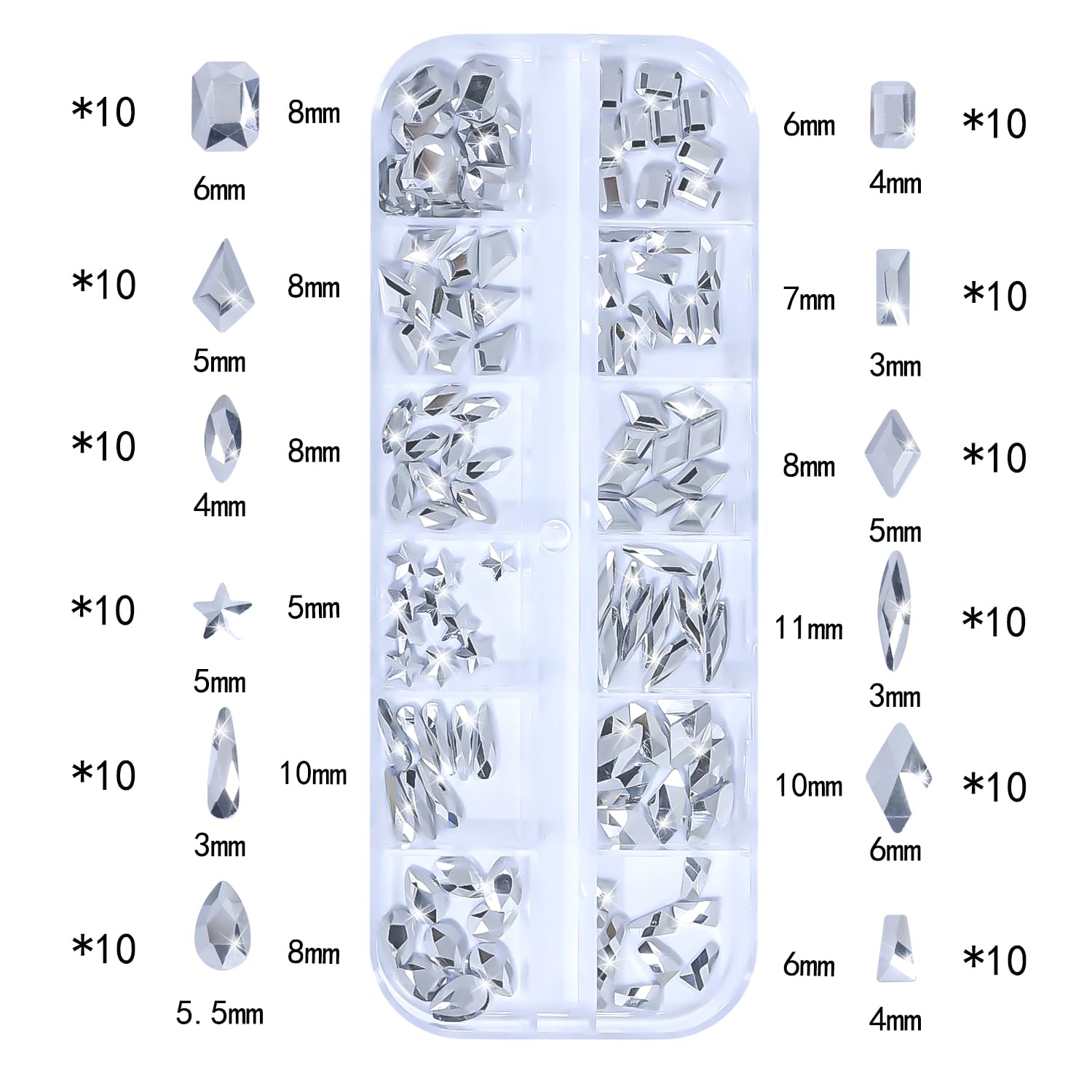 HNUIX Nail Rhinestones - 3D Multi Shape Size, Silver Nail Gems and Charms, Flat Back Crystal, with Kit, for Nail Art, DIY Decorations-Velvo Beauty