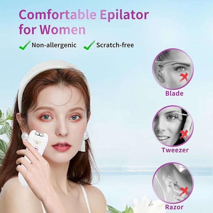 Smooth Glide Epilators Hair Removal for Women, Rechargeable Epilator, Portable Glamorous Skin Epilator for Women Face with LED Light, Hair Removal Device for Armpits/Bikini Line/Chin/Arms/Legs-Velvo Beauty