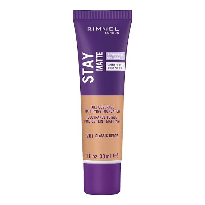 Rimmel London Stay Matte Liquid Mousse - 201 Classic Beige - Foundation, Lightweight, Shine Control, Oil-Free, 1oz-Velvo Beauty