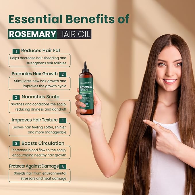 Natural Riches 100% Pure Premium Rosemary Oil For Hair Growth Infused With Biotin & Vitamin E Jojoba & Castor Oil Hair Strengthening Treatment | Nourishing & Volumizing | Non GMO Verified 8 Fl oz.-Velvo Beauty
