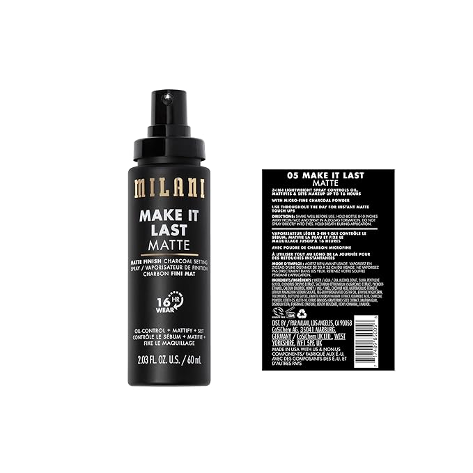 Milani Make it Last Matte - Matte Finish Charcoal Setting Spray- Cruelty-Free Makeup Primer and Setting Spray for Oily Skin - Long Lasting Finishing Spray (2.03 Fl. Oz.)-Velvo Beauty