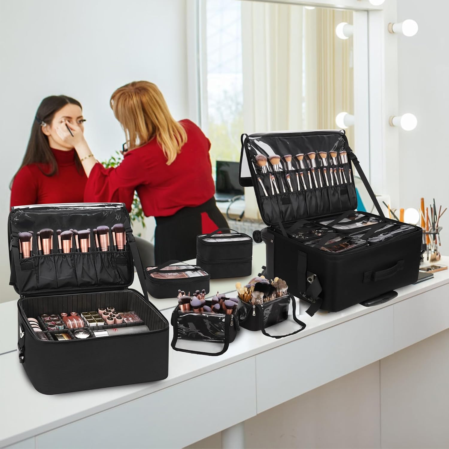 Rolling Makeup Bag Professional Makeup Artist Bags 4 in 1 Rolling Cosmetics Case Organizer Extra Large Trolley Travel Case with 360° Swivel Wheels and Adjustable Dividers-Velvo Beauty