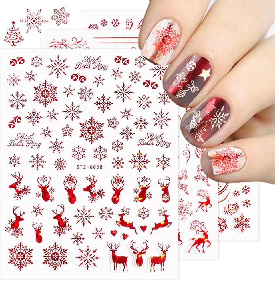 9 Sheets Christmas Nail Art Stickers Decals Self-Adhesive Pegatinas Uñas Navidad Holiday Red Xmas Snowflake Winter Nail Supplies Nail Art Design Decoration Accessories-Velvo Beauty