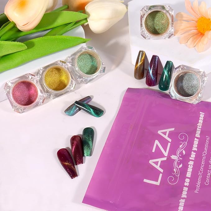 Laza 8 Colors Cat Eye Chrome Nail Powder Chameleon Magnetic Powder 3D Cat Eye Mirror Effect Pigment Dust Magic Galaxy Effect Glitter for Velvet Nail Art - Discolor Candy-Velvo Beauty