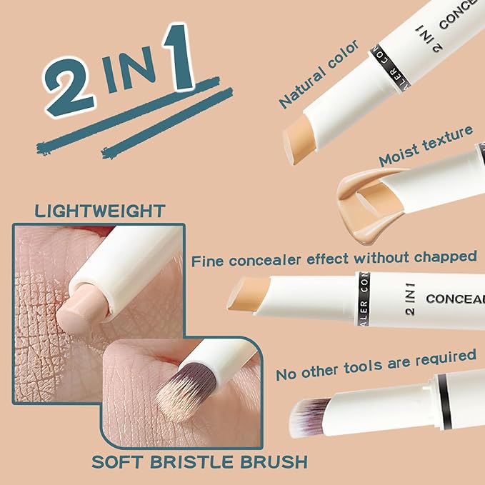 Concealer Stick Full Coverage, Cream Color Corrector Makeup, Dual Ended Conceal Pen with Brush, Waterproof Matte Eraser Dark Circles, Blemish, Pores, Spots Buildable for All Skin Types- Natural-Velvo Beauty