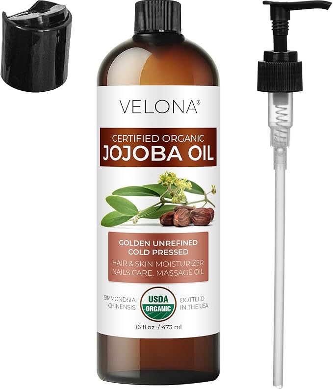 velona Jojoba Oil USDA Certified Organic - 16 fl oz (With Pump) | 100% Pure and Natural | Golden, Unrefined, Cold Pressed, Hexane Free | Moisturizing Face, Hair, Body, Skin Care-Velvo Beauty