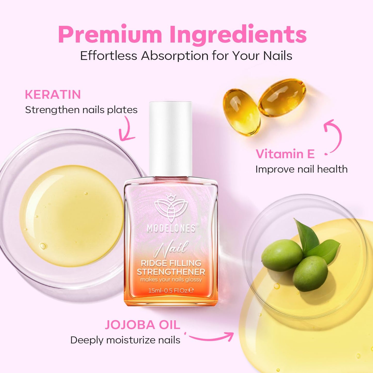 modelones Nail Strengthener Pearl Pink Nail Strengthener and Growth White Nail Polish for Thin Weak & Damaged Nail Repair for Damaged Nails Hardener 15ml-Velvo Beauty