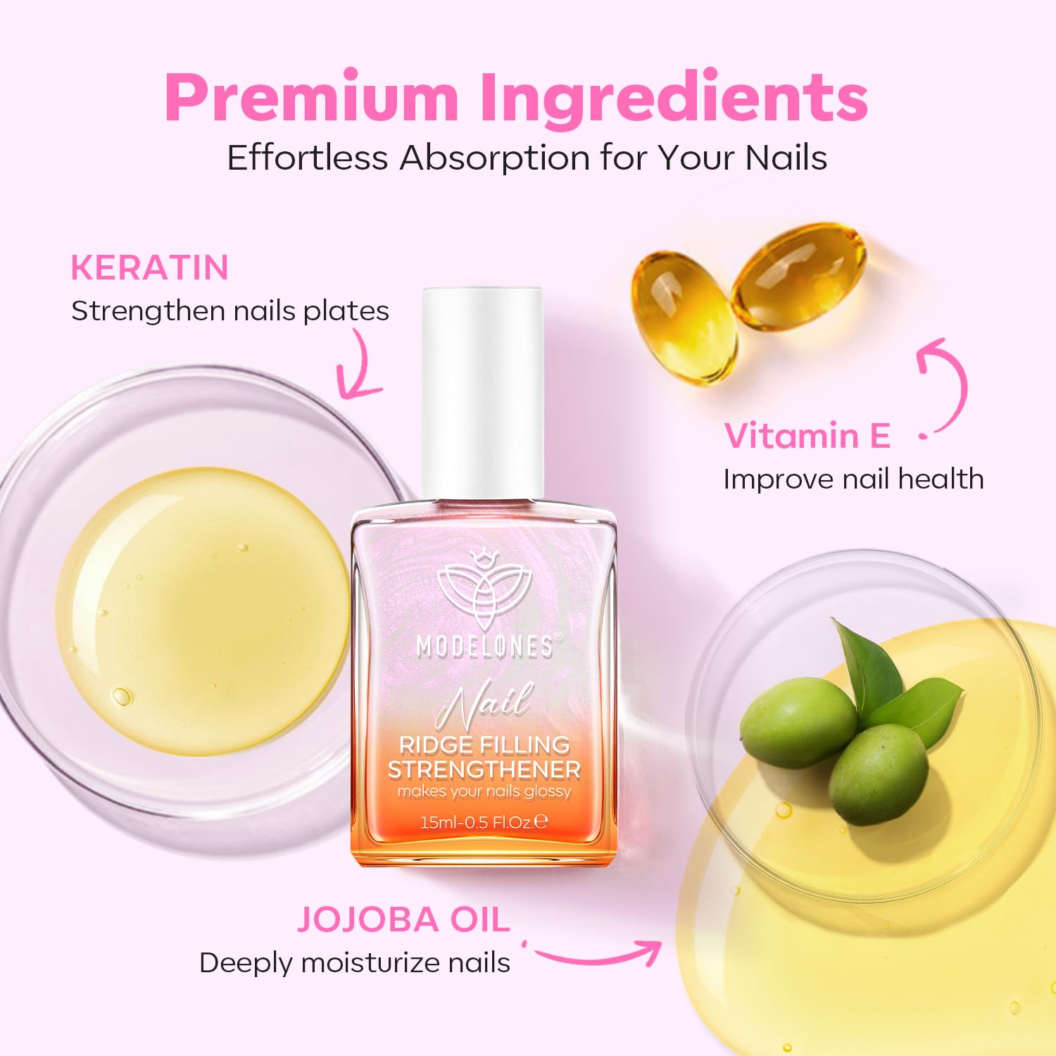 modelones Nail Strengthener Pearl Pink Nail Strengthener and Growth White Nail Polish for Thin Weak & Damaged Nail Repair for Damaged Nails Hardener 15ml-Velvo Beauty