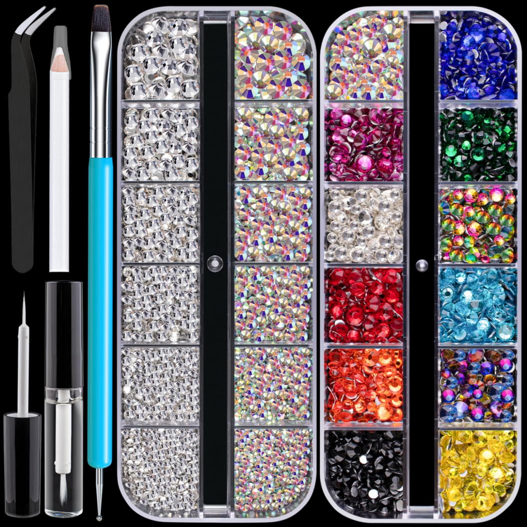 Colorful Face Gems for Makeup Set, Flatback Gorgeous AB&Clear Gems, Mixed-Colored Crystals with Tweezer+Picker Pencil+Makeup Glue+Dual-End Dotting Tool for Eye Hair Body Make-up and Nail Art Deco-Velvo Beauty