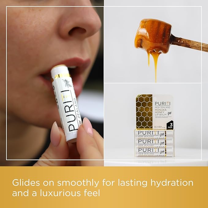 PURITI Manuka Honey Lip Balm – 3pack Soothing & Moisturizing, Enriched with Almond, Jojoba, Macadamia Oils, Cocoa Butter, Hydrating for Dry & Chapped Lips, 100% Genuine New Zealand Manuka Honey-Velvo Beauty