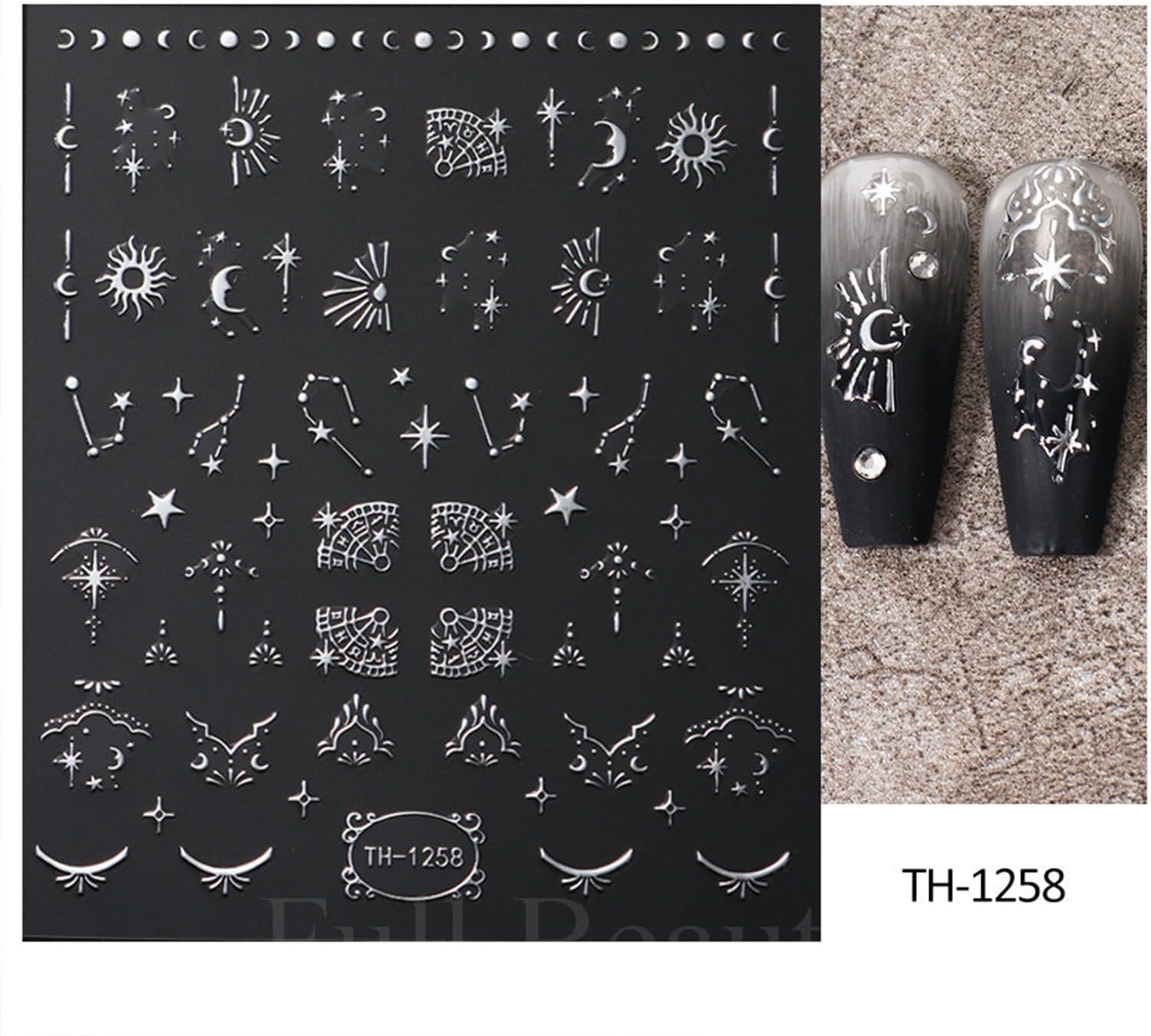 Metallic Silver Nail Art Stickers 3D Self-Adhesive Nails Stickers Bohemian Sun Moon Hexagram Butterfly Heart French Tip Decal Supplies Women DIY Silver Metal Nail Art Decoration 4Sheets-Velvo Beauty