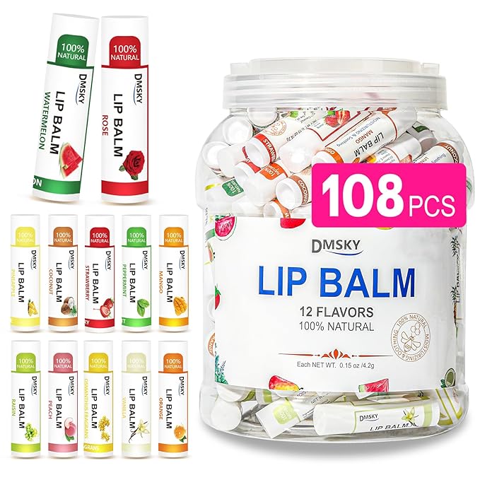 DMSKY Lip Balm Bulk 108 Pack, Lip Balm Hydrating with Vitamin E and Coconut Oil 12 Flavors, Lip Moisturizer Treatment - Party Favors Bulk Gift-Velvo Beauty