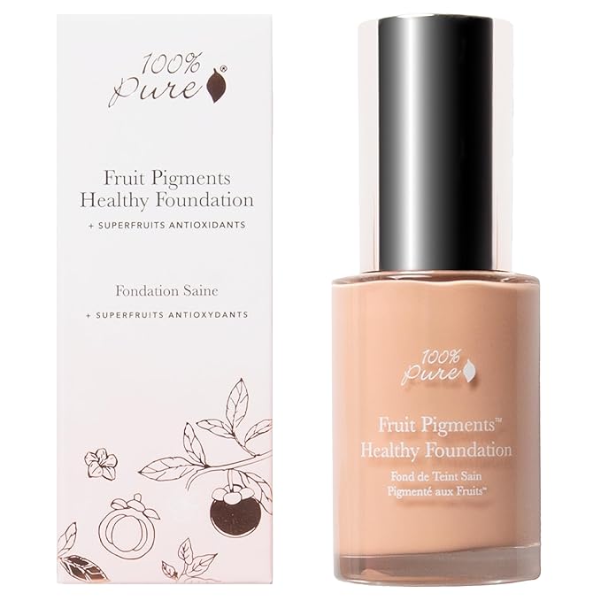100% PURE Healthy Foundation Full Face Coverage Makeup, Liquid Matte Finish with Anti-Aging Benefits - Vegan Gorgeous Fruit Pigmented Sand Color (Light Medium with Neutral Undertone) - 1 Fl Oz-Velvo Beauty