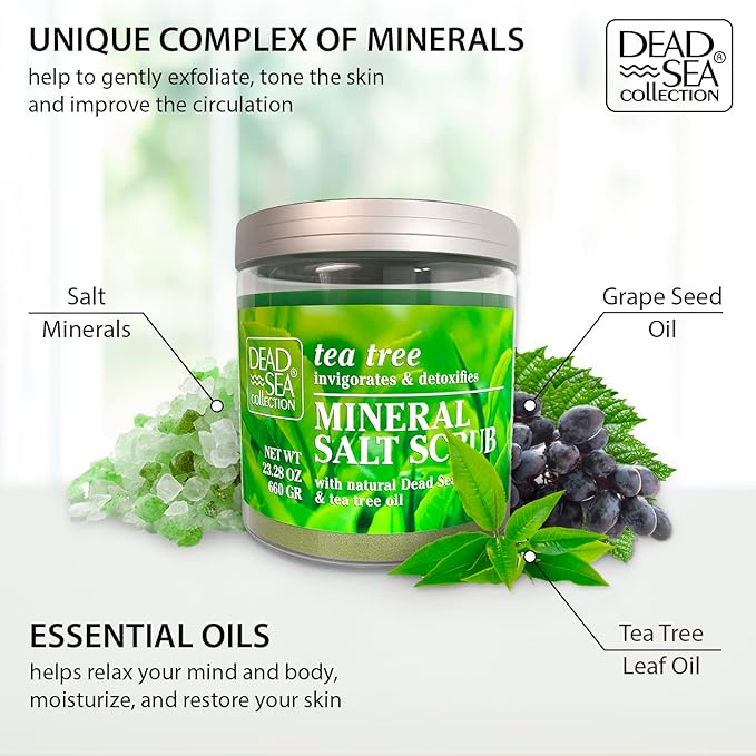 Dead Sea Collection Tea Tree Salt Scrub – Exfoliating Body Scrub for Women – Moisturizing and Nourishing Skin – with Pure Oils and Dead Sea Minerals (23.28 Oz)-Velvo Beauty