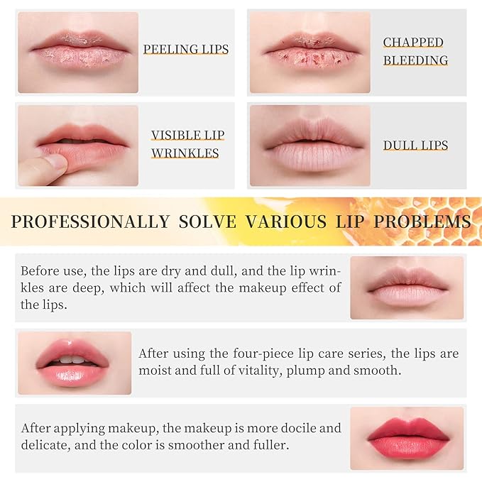 4 Piece Honey Milk Lip Mask Lip Balm Lip Scrub Lip Oil Lip Care Kit, Moisturizing & Nourishing Dry and Cracked Lips, Overnight Sleeping Lip Exfoliator Lip Moisturizer Lip Repair-Velvo Beauty