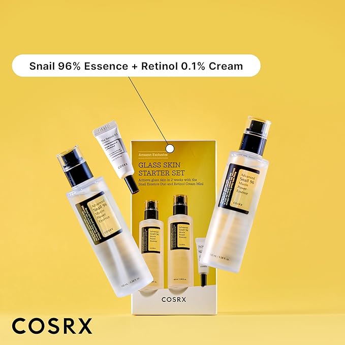 COSRX Glass Skin Korean Skincare Set- Advanced 96% Snail Mucin Serum (3.38fl oz * 2pcs) & Mini Sized 0.1% Retinol Cream for Face (0.1oz)- Korean Skin Care Gift Set, Anti Aging Set-Velvo Beauty