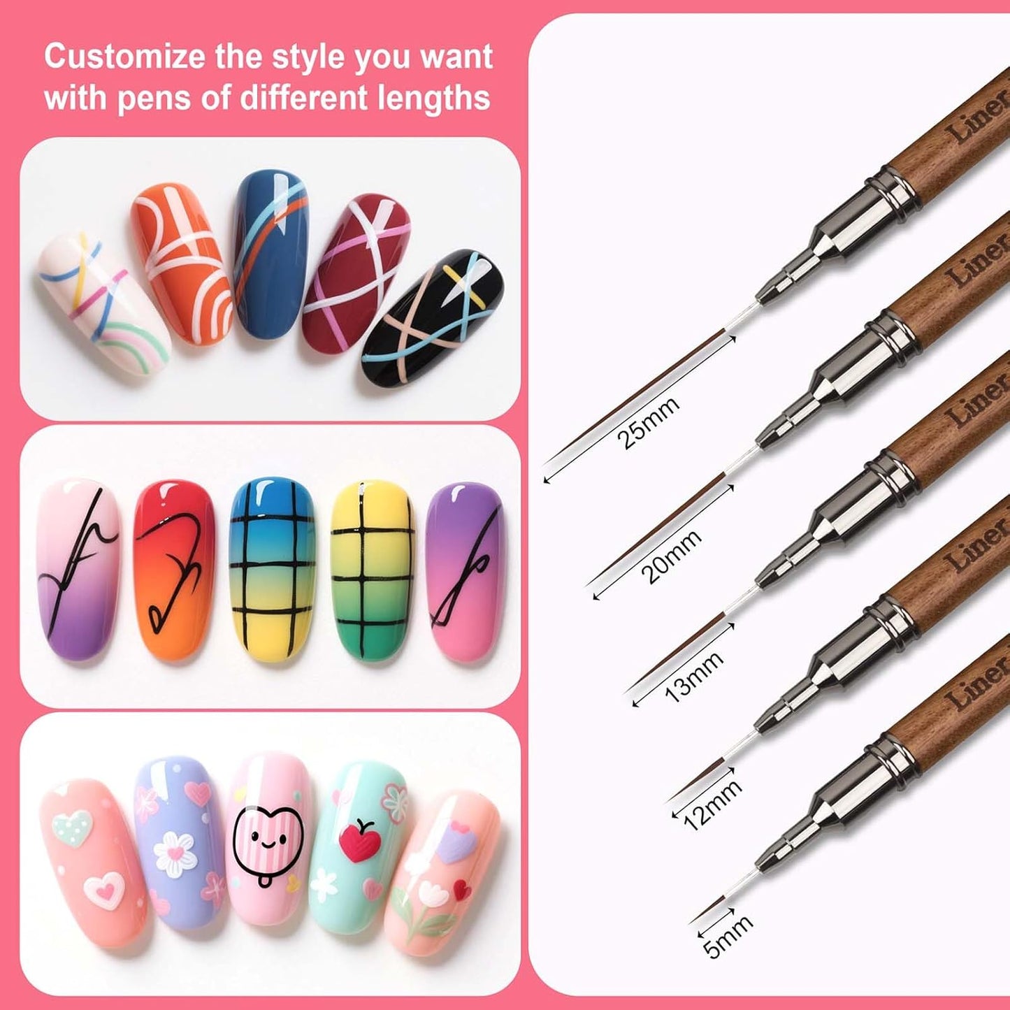 Artdone Wood Grain Nail Art Pens, Liner Brushes Set, 5PCS Brown Color Nail Tools For Long Lines, Thin Details, Fine Drawing, Liner Brush UV Gel Polish Painting Nail Design Sizes 5/12/13/20/25mm-Velvo Beauty