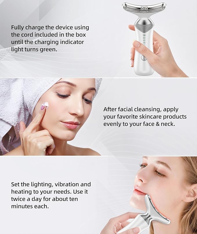 9-in-1 Red-Light-Therapy-for-Face-and-Neck, Portable Facial Massager Tool with Adjustable Vibration & Thermals for Wrinkles, Double Chin, White-Velvo Beauty